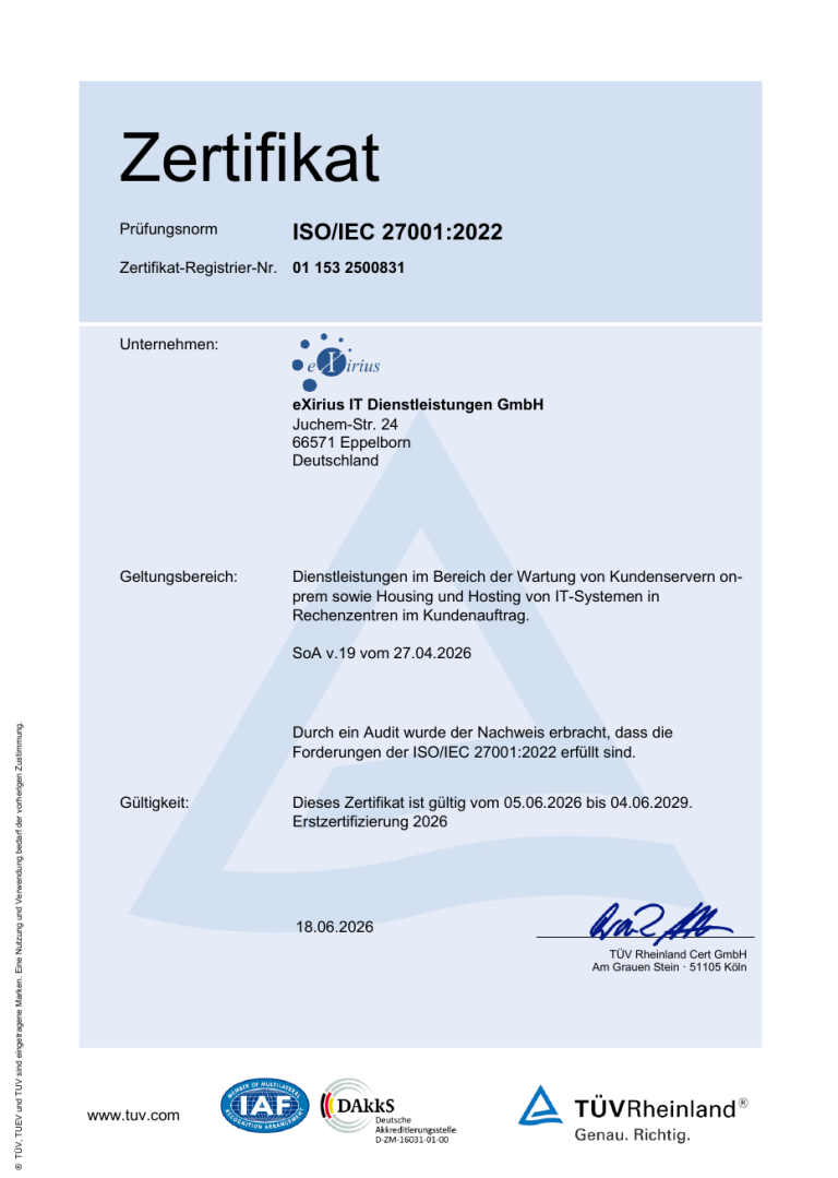 Mehr über den Artikel erfahren ISO 27001-Zertifizierung: eXirius sichert die Wartung und das Hosting Ihrer produktions- und betriebskritischen Datenbanken